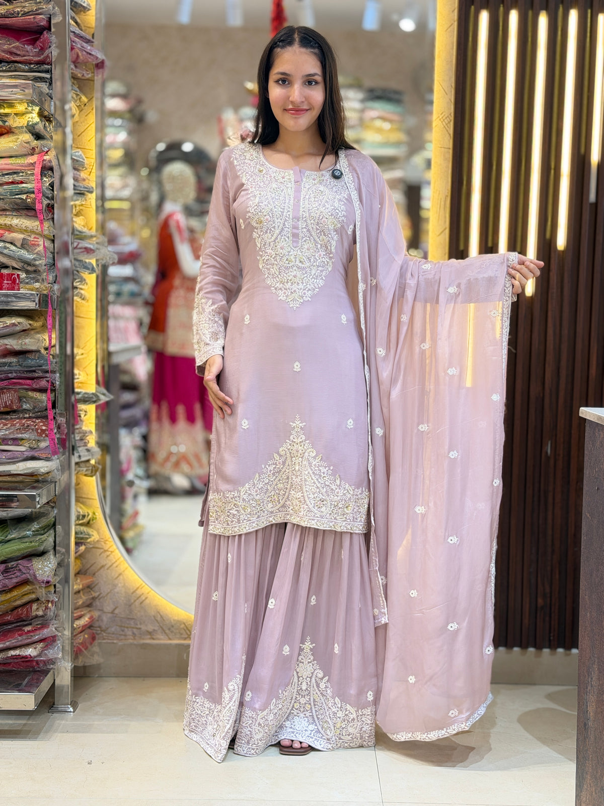 WHITE THREAD WORK CHINON SHARARA PARTY WEAR SUIT