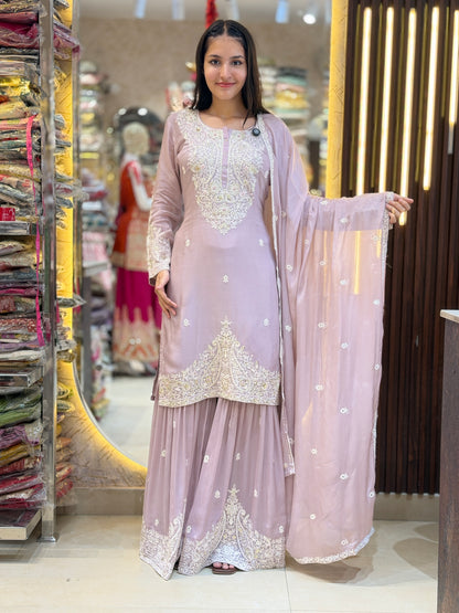 WHITE THREAD WORK CHINON SHARARA PARTY WEAR SUIT