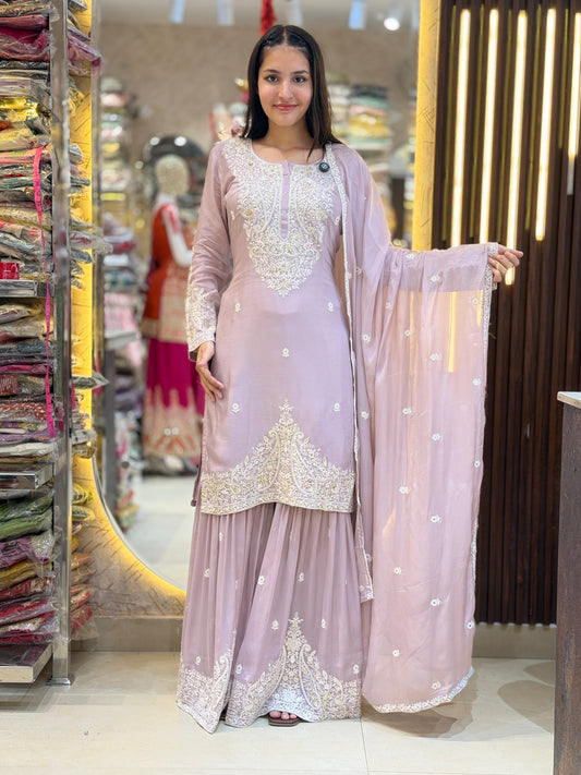 WHITE THREAD WORK CHINON SHARARA PARTY WEAR SUIT