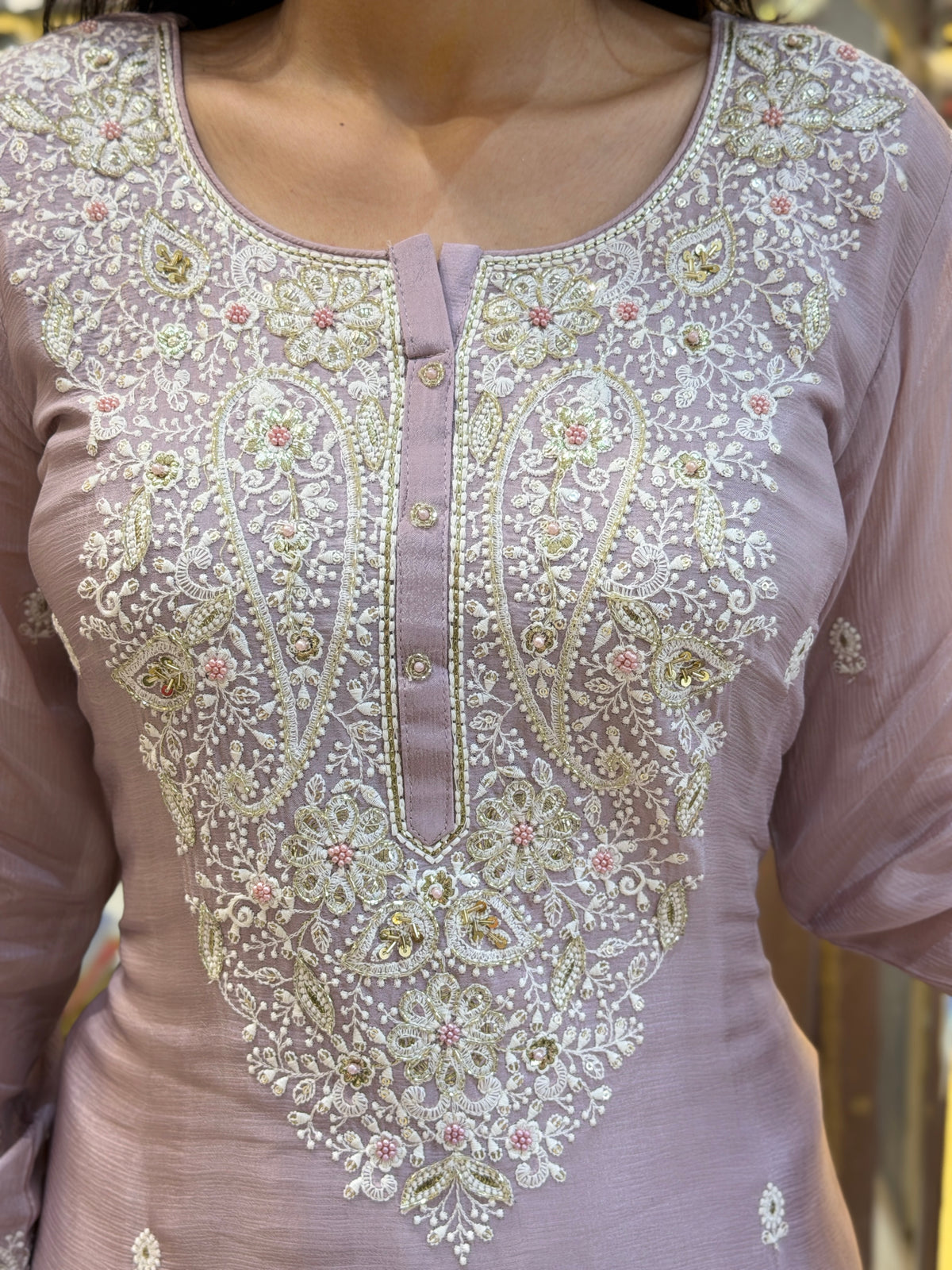 WHITE THREAD WORK CHINON SHARARA PARTY WEAR SUIT