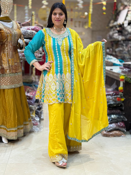 YELLOW DUEL SHORT PEPLUM WITH PLAZO BEAUTIFUL DUPPTA