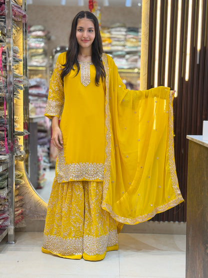 YELLOW GEORGET FULL HANDWORK SHRARA SUIT