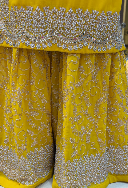 YELLOW GEORGET FULL HANDWORK SHRARA SUIT