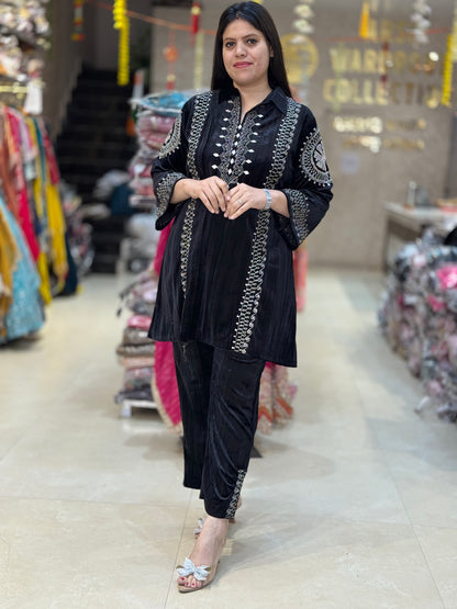 A-LINE DESIGN WITH MIRROR WORK VELVET CORDSET