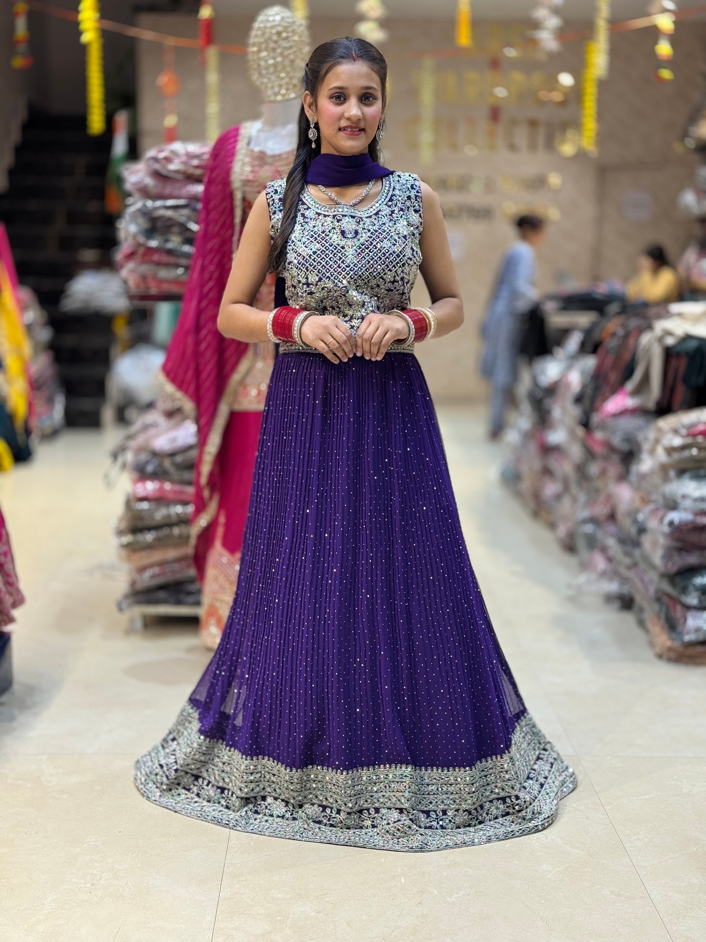 PURPLE FULL DESIGN WITH PEARL AND SIPPI WORK GOWN