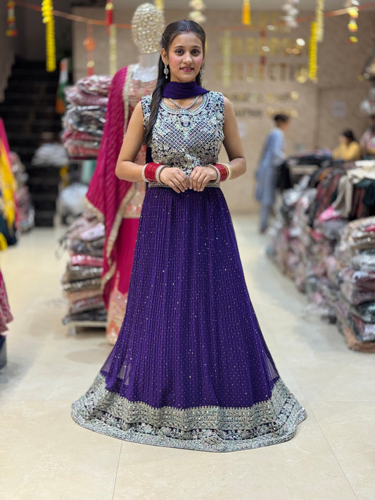 PURPLE FULL DESIGN WITH PEARL AND SIPPI WORK GOWN