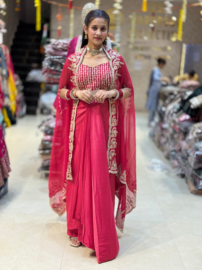 HOT PINK PREMIUM SILK SHORT TOP WITH SHRUG BEAUTIFUL SKIRT