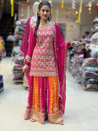 PURE GEORGET DULE FULL TILLA WORK SHORT KURTI WITH JAFFA PARTY WEAR SUIT