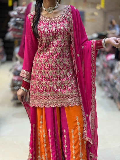 PURE GEORGET DULE FULL TILLA WORK SHORT KURTI WITH JAFFA PARTY WEAR SUIT