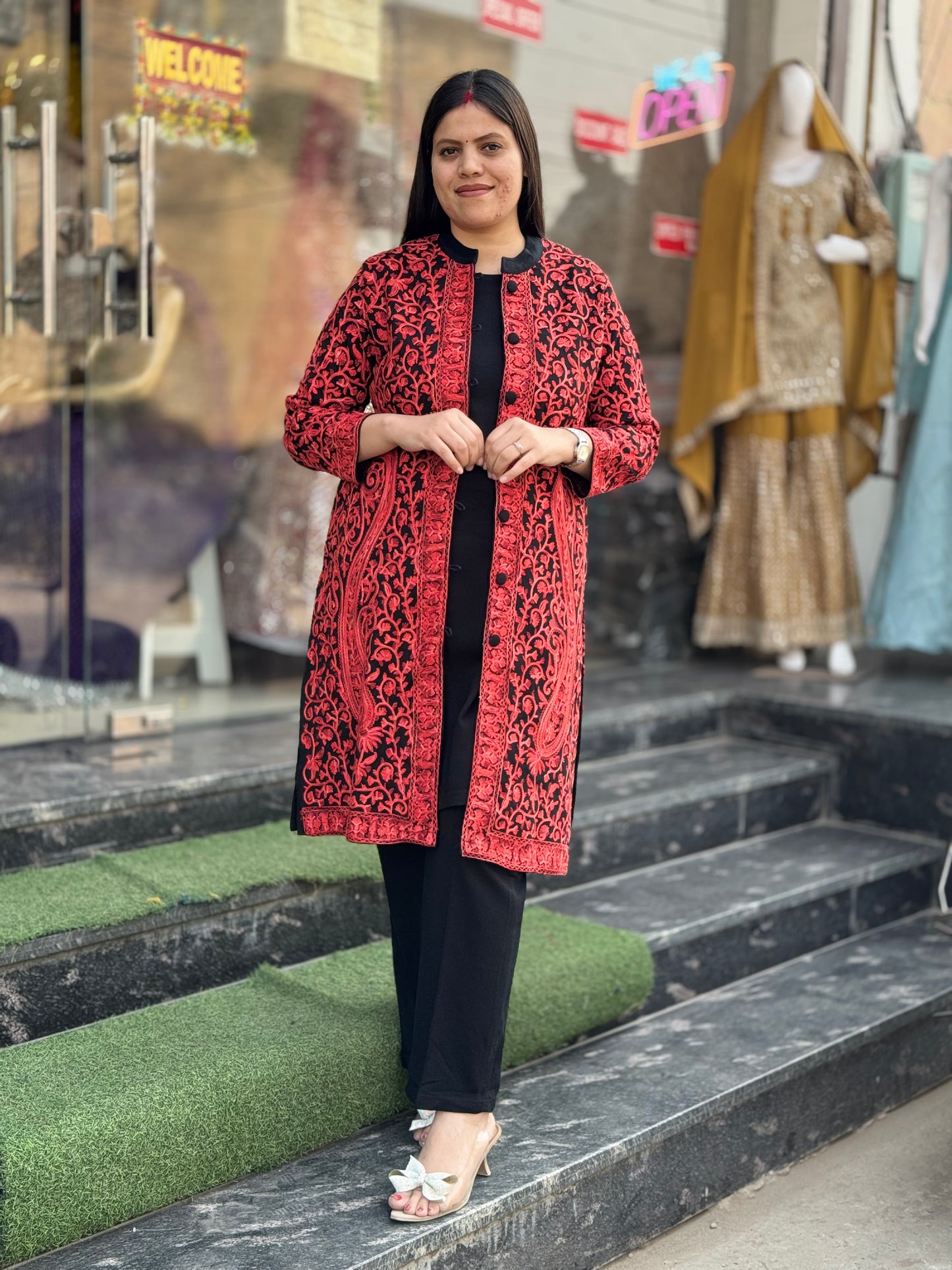 PREMIUM WOOL RED THREAD WORK 3PC SHRUG SUIT