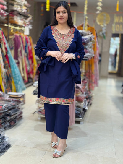 PREMIUM WOOL MULTI THREAD WORK ON NECK AND BORDER 3PC SUIT