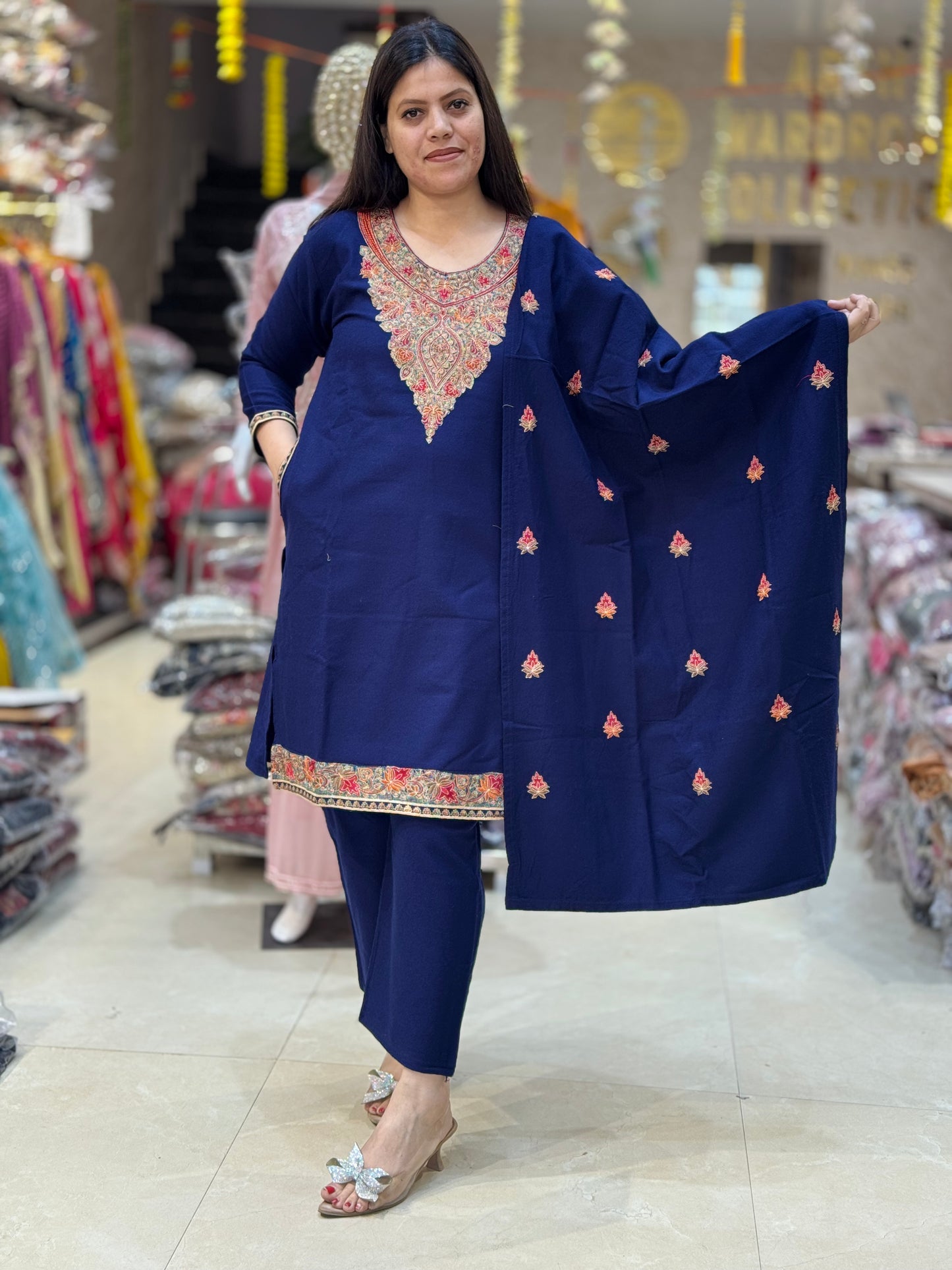 PREMIUM WOOL MULTI THREAD WORK ON NECK AND BORDER 3PC SUIT