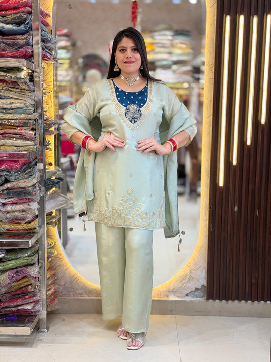 Dual Shade Russian Silk Three Piece Suit With Plazo