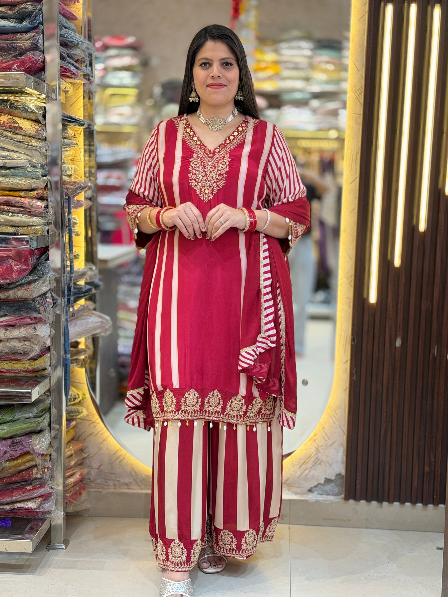 Designer Pure Crepe Suit With Zari Work (Reddish)