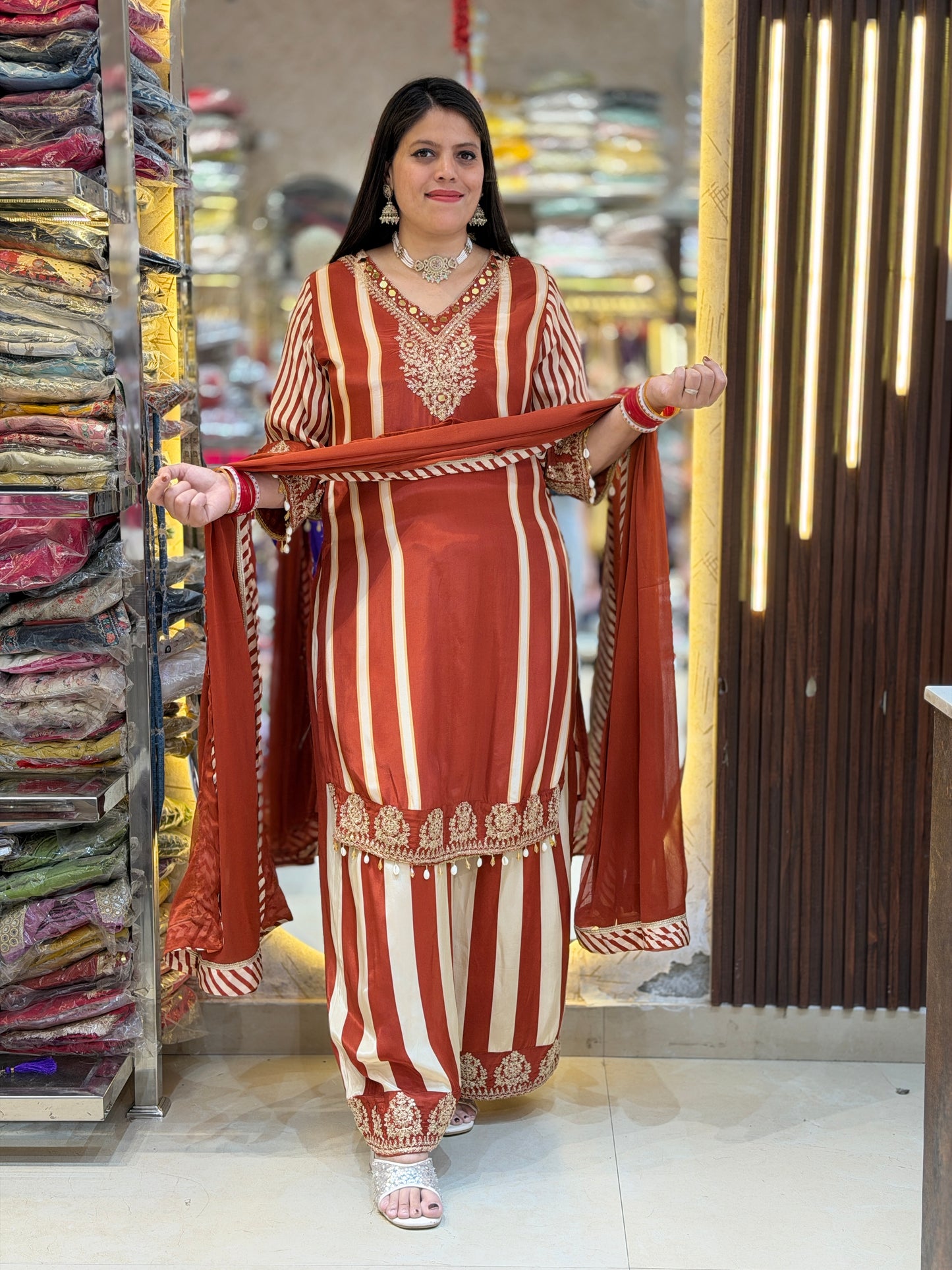 Designer Pure Crepe Suit With Zari Work (Rusty Orange)