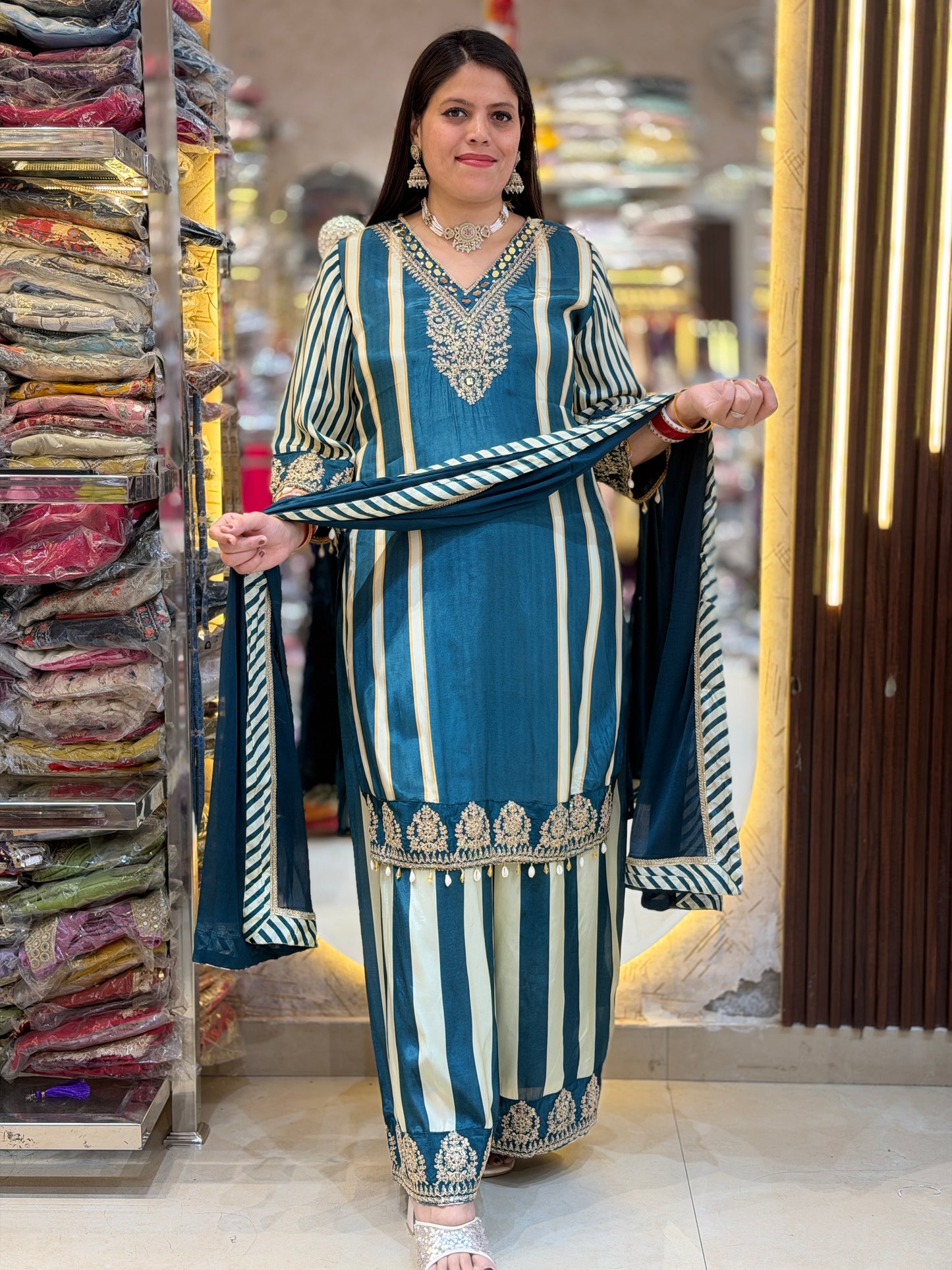 Designer Pure Crepe Suit With Zari Work (Blue)