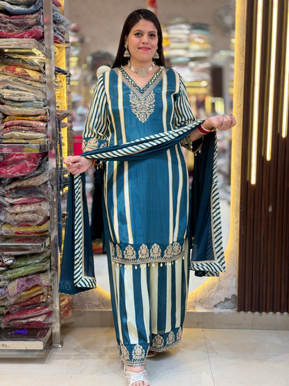 Designer Pure Crepe Suit With Zari Work (Blue)