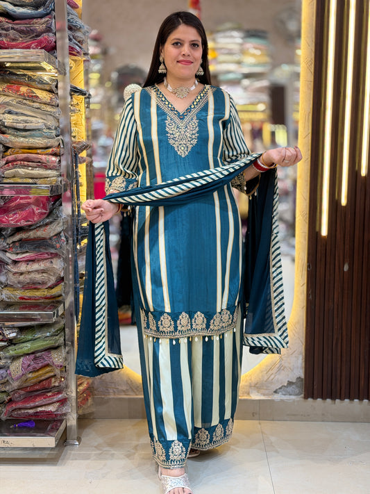 Designer Pure Crepe Suit With Zari Work (Blue)
