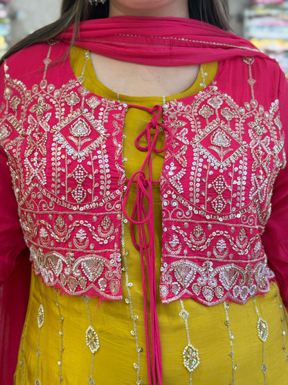 Designer Four Piece Suit With Jacket and Farshi Salwar