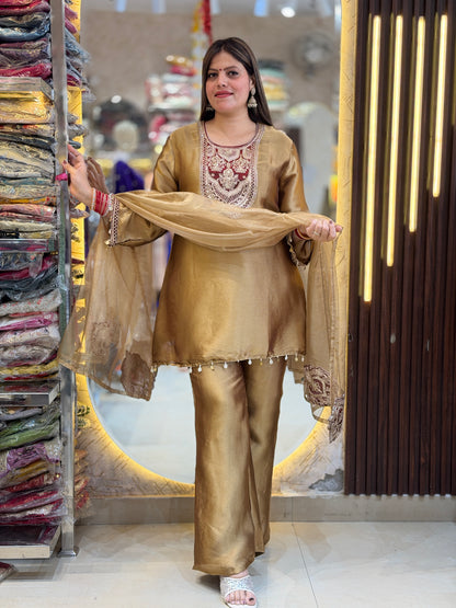 GOLDEN MEHROON NECK WORK SHORT SHIRT WITH PANT SUIT