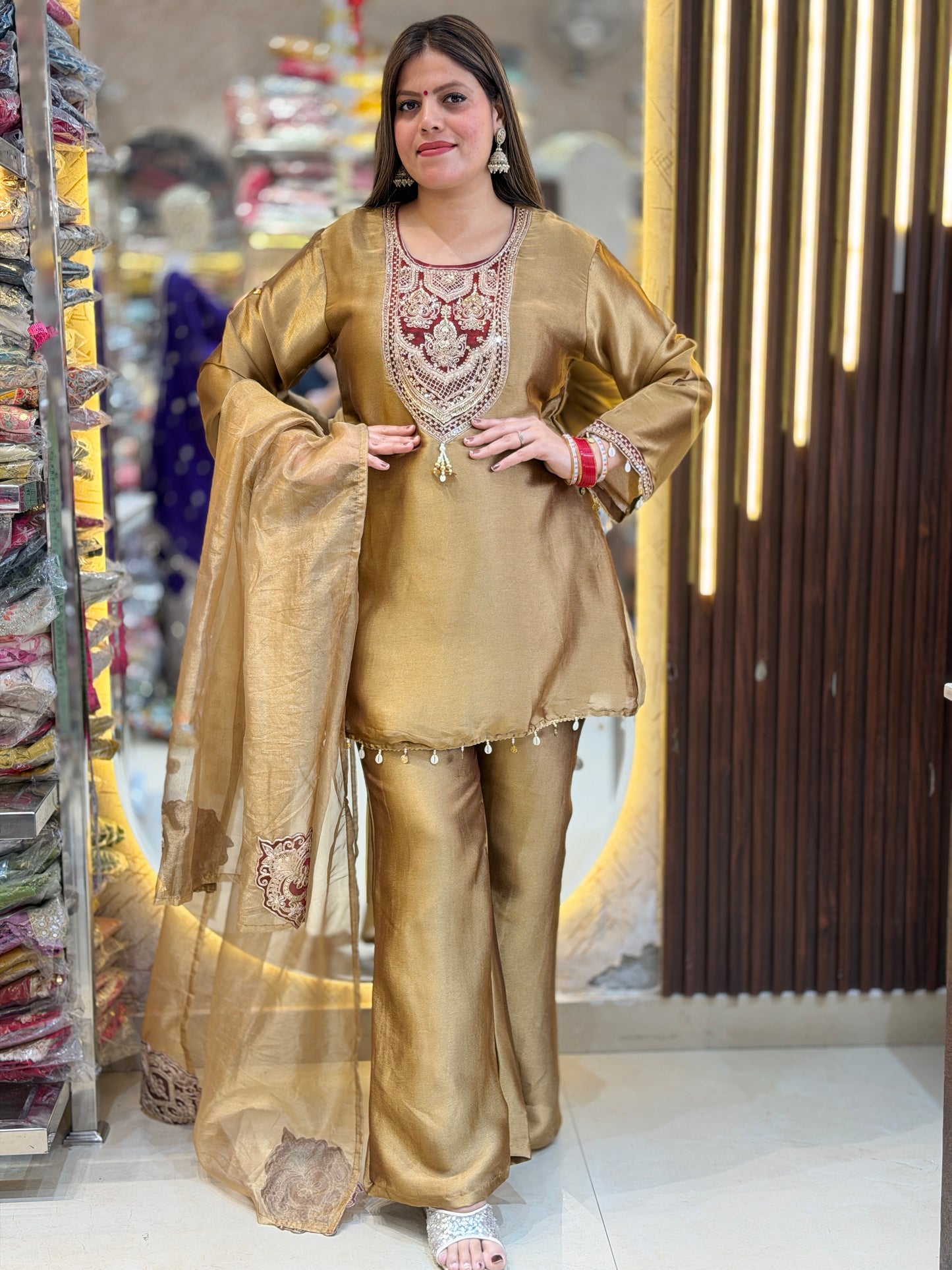 GOLDEN MEHROON NECK WORK SHORT SHIRT WITH PANT SUIT