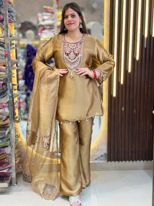 GOLDEN MEHROON NECK WORK SHORT SHIRT WITH PANT SUIT