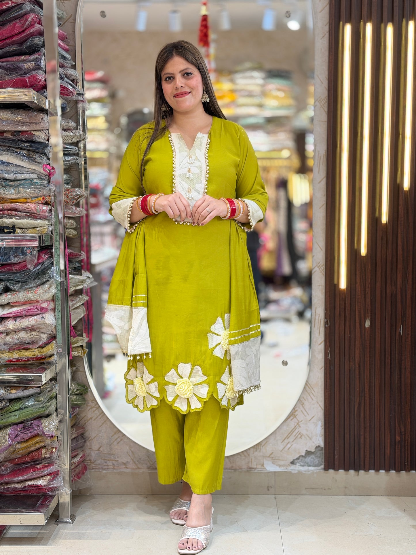 GREEN WHITE NECK WORK INSTA VIRAL SUIT