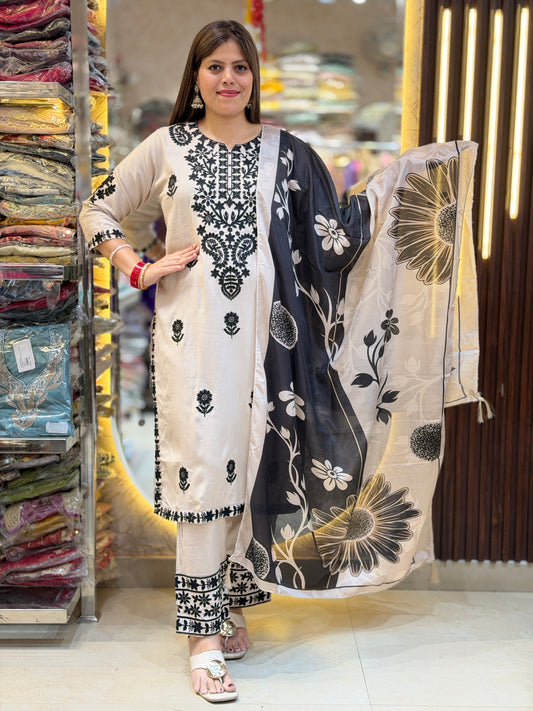 IVORY DUEL BLACK THREAD WORK BEAUTIFUL DUPPTA SUIT