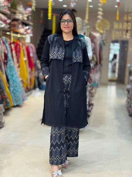 BLACK PREMIUM WOOL ITH BEAUTIFUL SHRUG DESIGNER BOTTOM 3 PC CORDSET