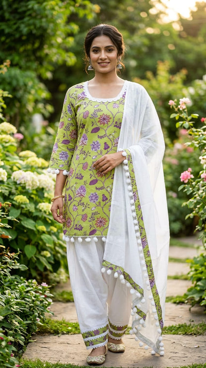PURE COTTON NECK DESIGN WITH WHITE LASE FARSHI SALWAR SUIT