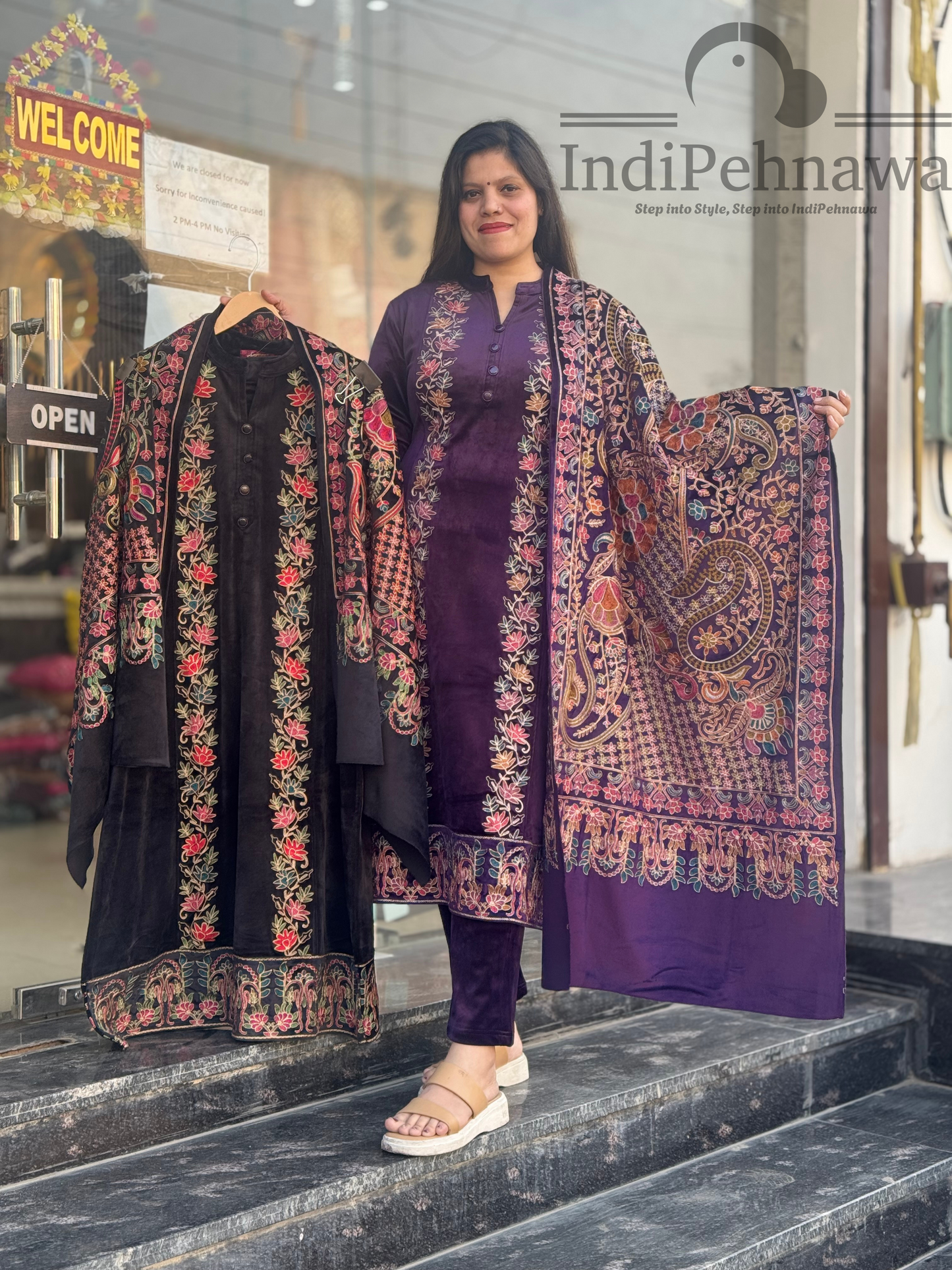 Elegant Velvet Suit with Exquisite Hand Embroidery & Full-Length Shawl