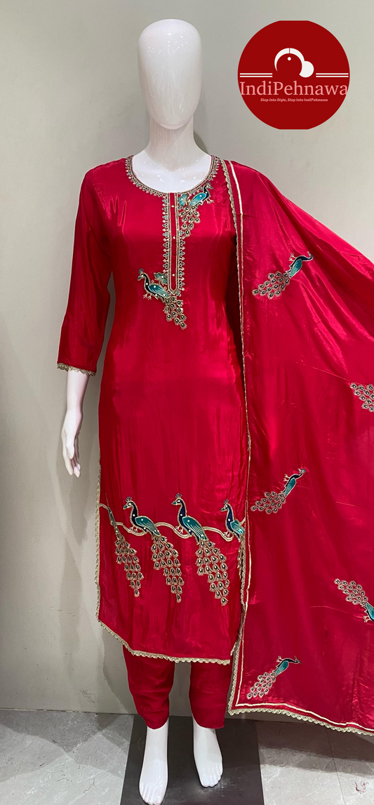 HOT PINK PURE SILK PEACOCK DESIGN PARTY WEAR HEAVY SUIT