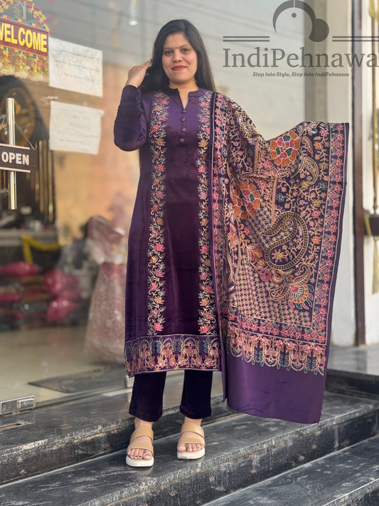 Elegant Velvet Suit with Exquisite Hand Embroidery & Full-Length Shawl