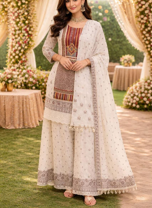 IVORY MEHROON NECK DUEL COLOUR SUIT