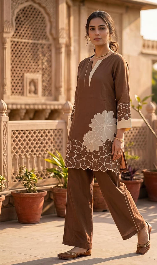 BROWN LEAF EMBROIDED CORDSET