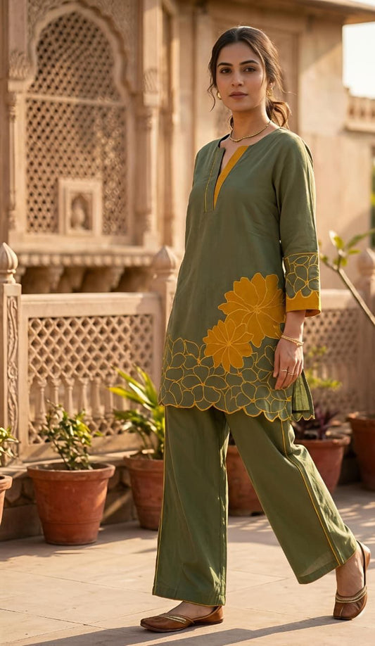 GREEN LEAF EMBROIDED CORDSET