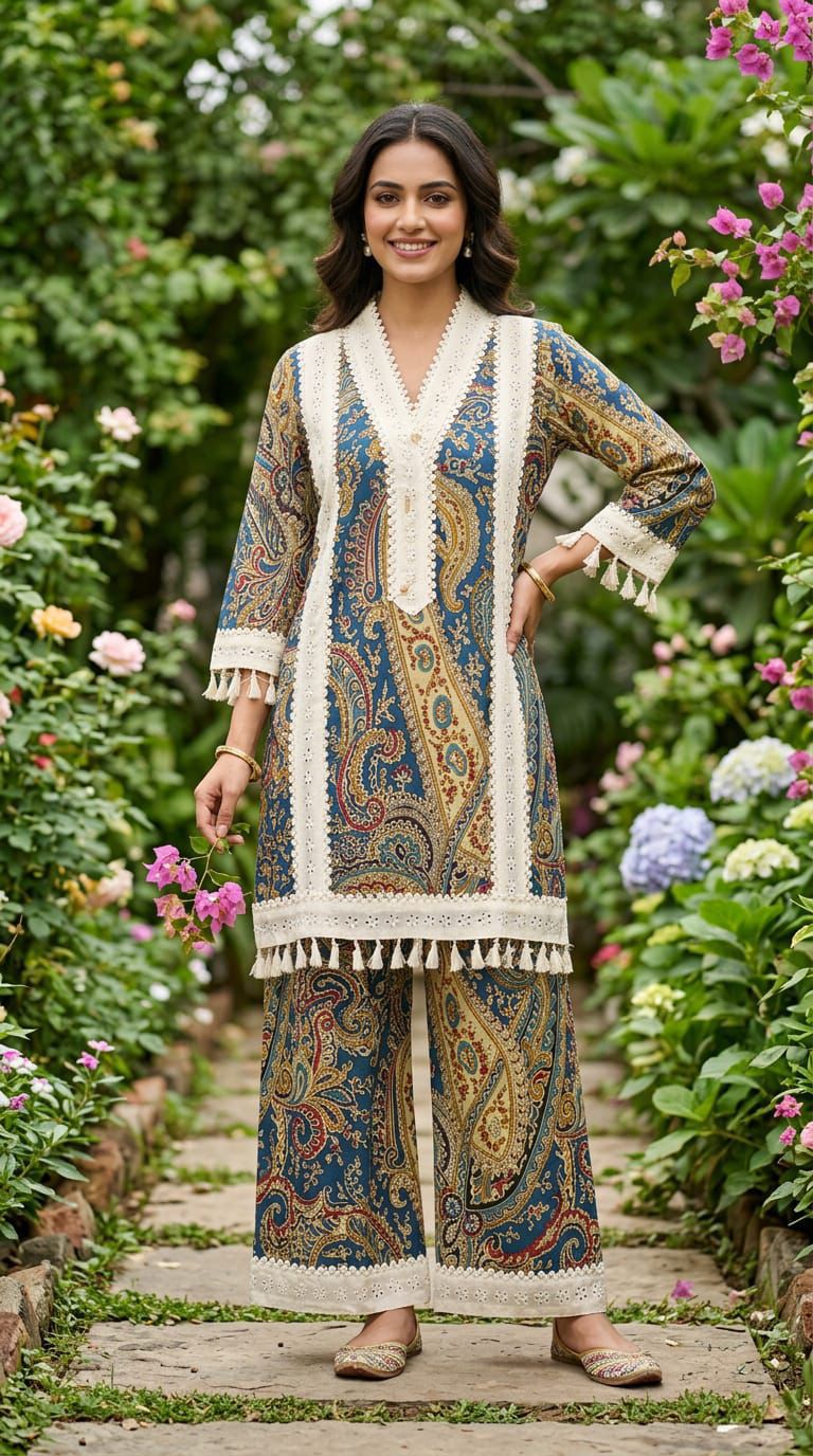 PEACOCK BLUE WHITE LASE DESIGNER CORDSET
