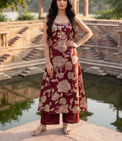 MEHROON ORINGAL MIRROR WORK NECK SLEEVELESS CORDSET