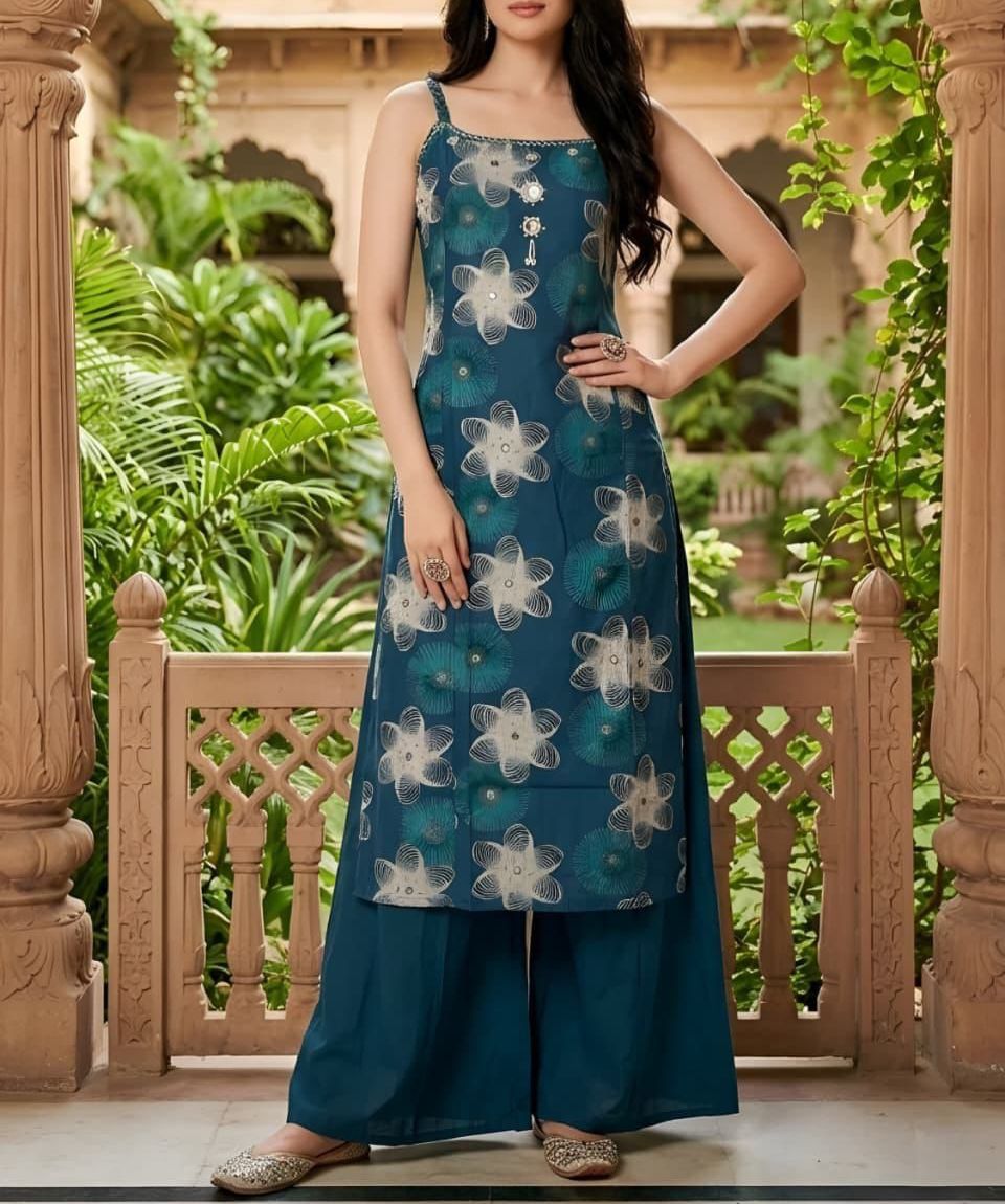 PEACOCK BLUE ORINGAL MIRROR WORK NECK SLEEVELESS CORDSET