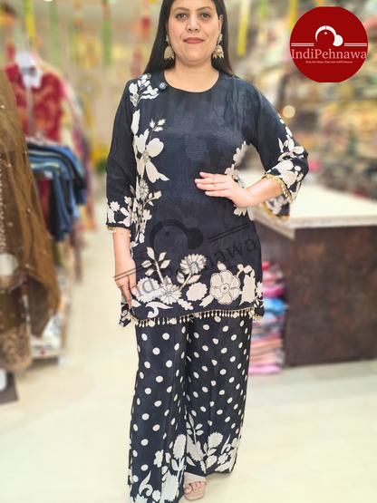 BLACK PURE CREPE WITH PEARL WORK C CUT DESIGN CO-ORD SET