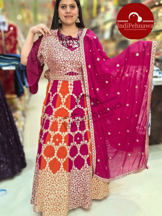 Orange Mazentta Multi Colored Lehenga With Heavy Zari Work