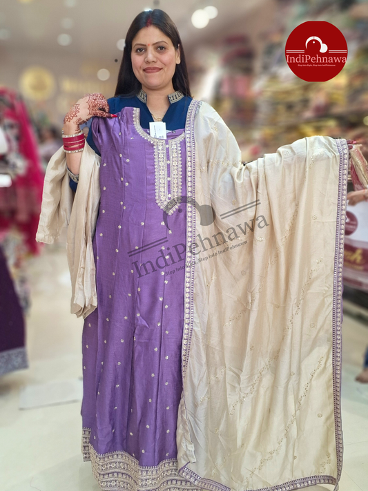 LAVNDER WITH IVORY CONTRAST ANARKALI WITH DESIGNER WORK DUPPATA