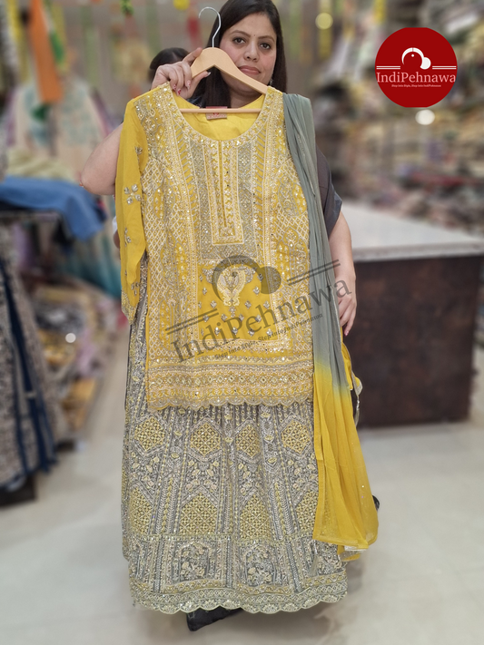 YELLOW GREY LEHENGA WITH HAND WORK IN GEORGETE
