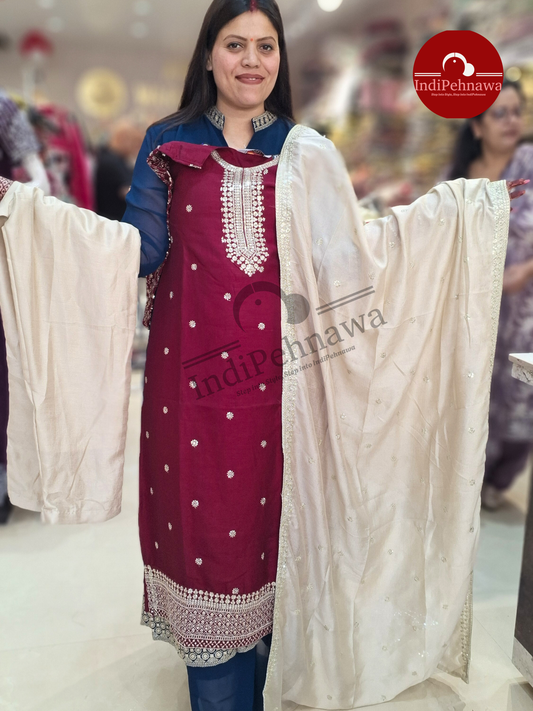 DESIGNER MEHROON AND IVORY CONTRAST SUIT WITH FULL WORK ON SLEEVSES