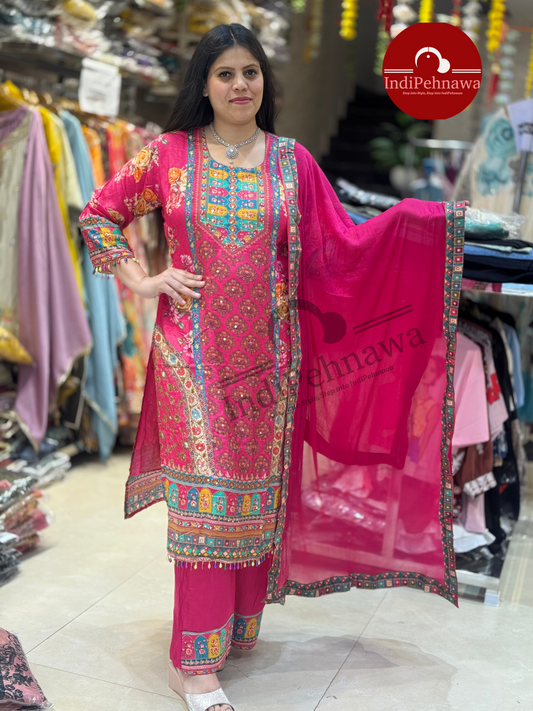 PURE CRAPE MIRROR WORK DESINER STRAIGHT SUIT