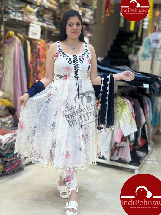 CHIFFON STRAP SLEEVES POM POM ANARKALI WHITE BLUE WITH MIRROR WORK