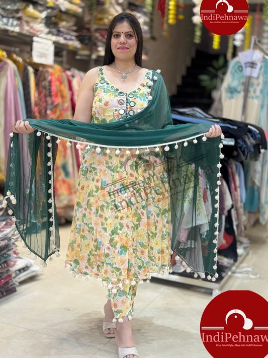 YELLOW GREEN PURE CHIFFON POM POM ANARKALI WITH ORIGINAL MIRROR WORK