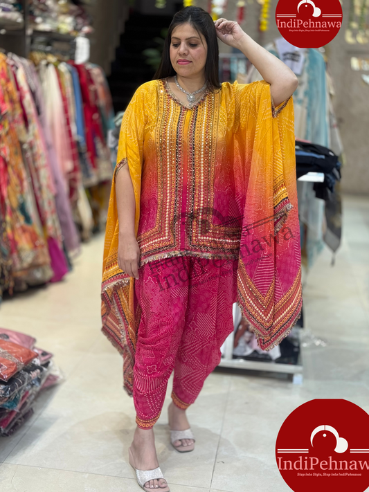 HOT PINK YELLOW PURE CRAPE KAFTAN WITH MIRROR WORK